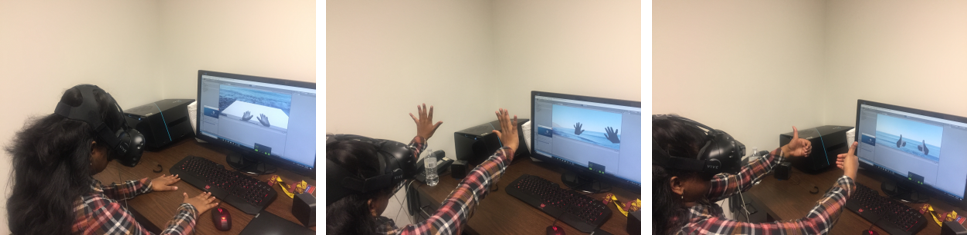 Three views of a learner evaluating the APPEAR virtual-reality hand-tracking environment